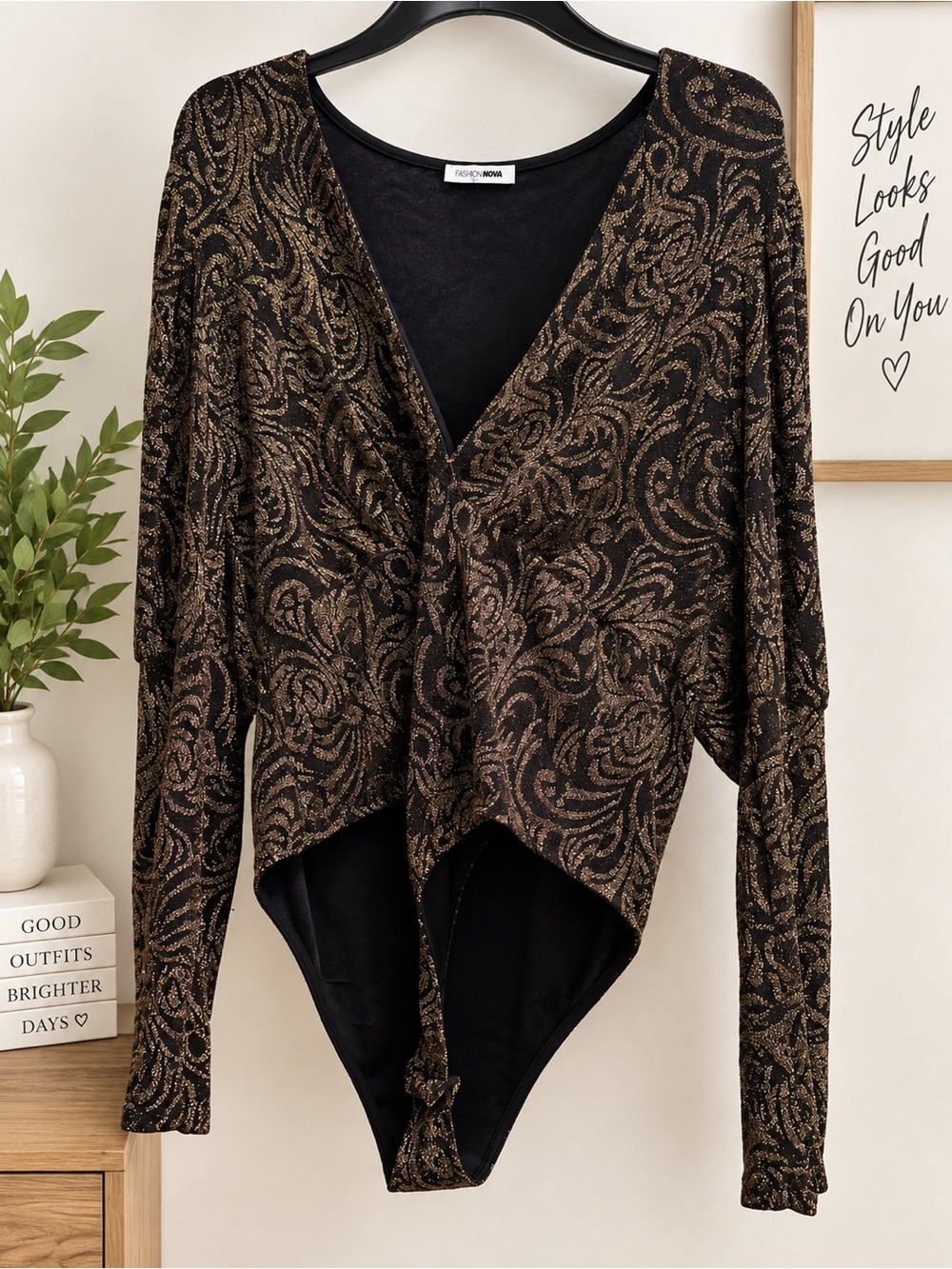 Fashion Nova Black and Gold Metallic Paisley Bodysuit